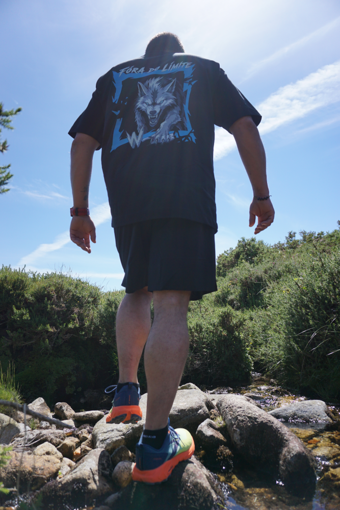 Chico con camiseta instinto hielo, detalle del diseño de lobo
